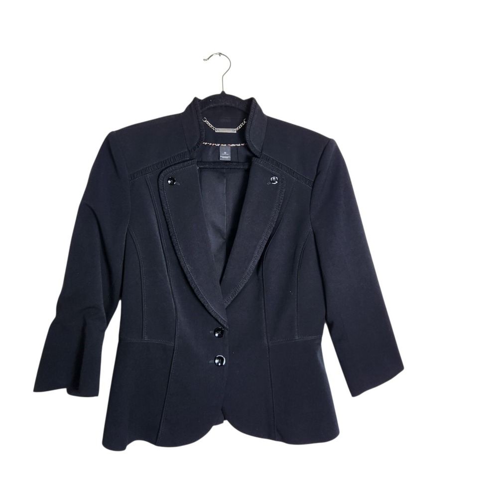 White House Black Market Black Ruffle Stand Collar Peplum Blazer Size 10